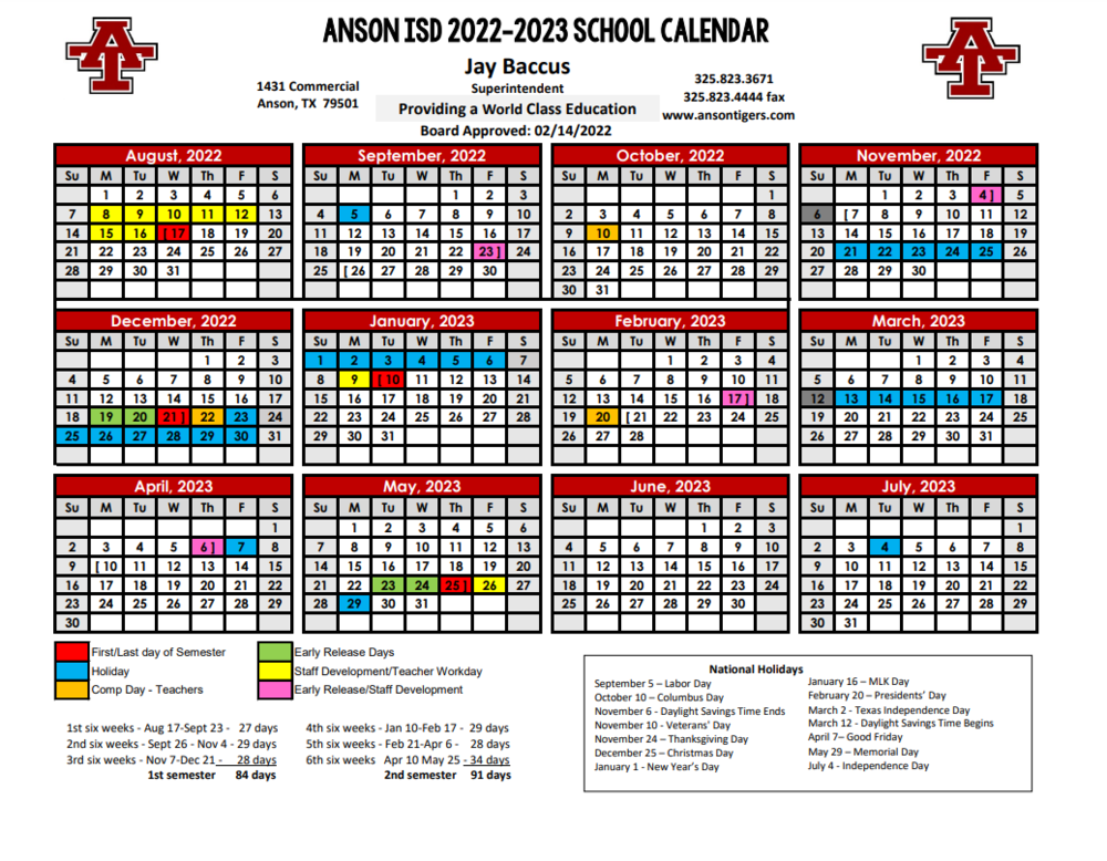 Anson ISD 2022-23 School Calendar