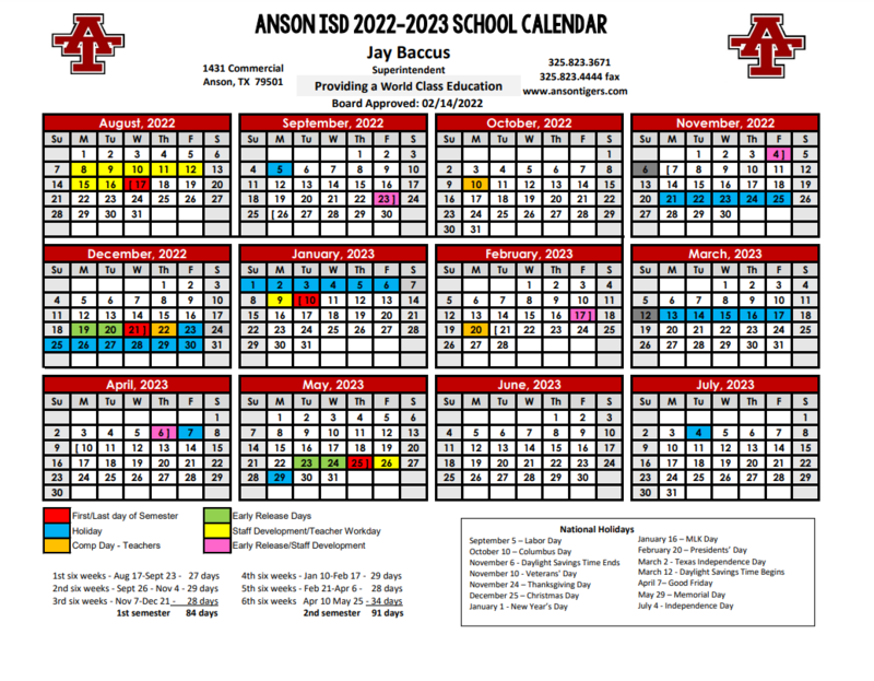 Anson Independent School District Calendar 2022 and 2023