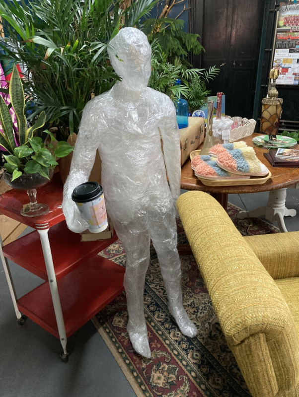 packing tape person with coffee